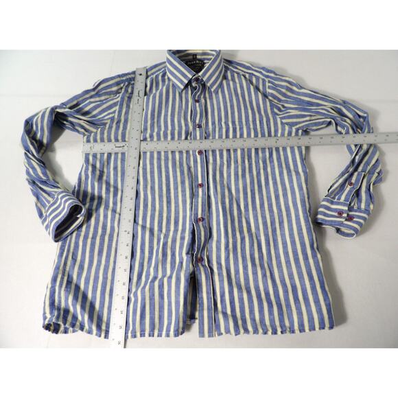 John Hill Shirt Irish Linen Mens Sz 40 Large Button Up Vertical Stripe Blue Vaca - Picture 8 of 14
